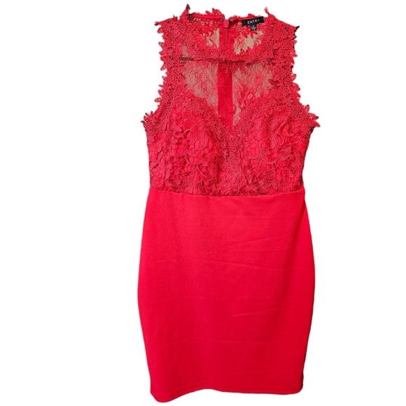 Entry | Dresses | Entry Red Fitted Dress With Illusion Lace Neckline M ...